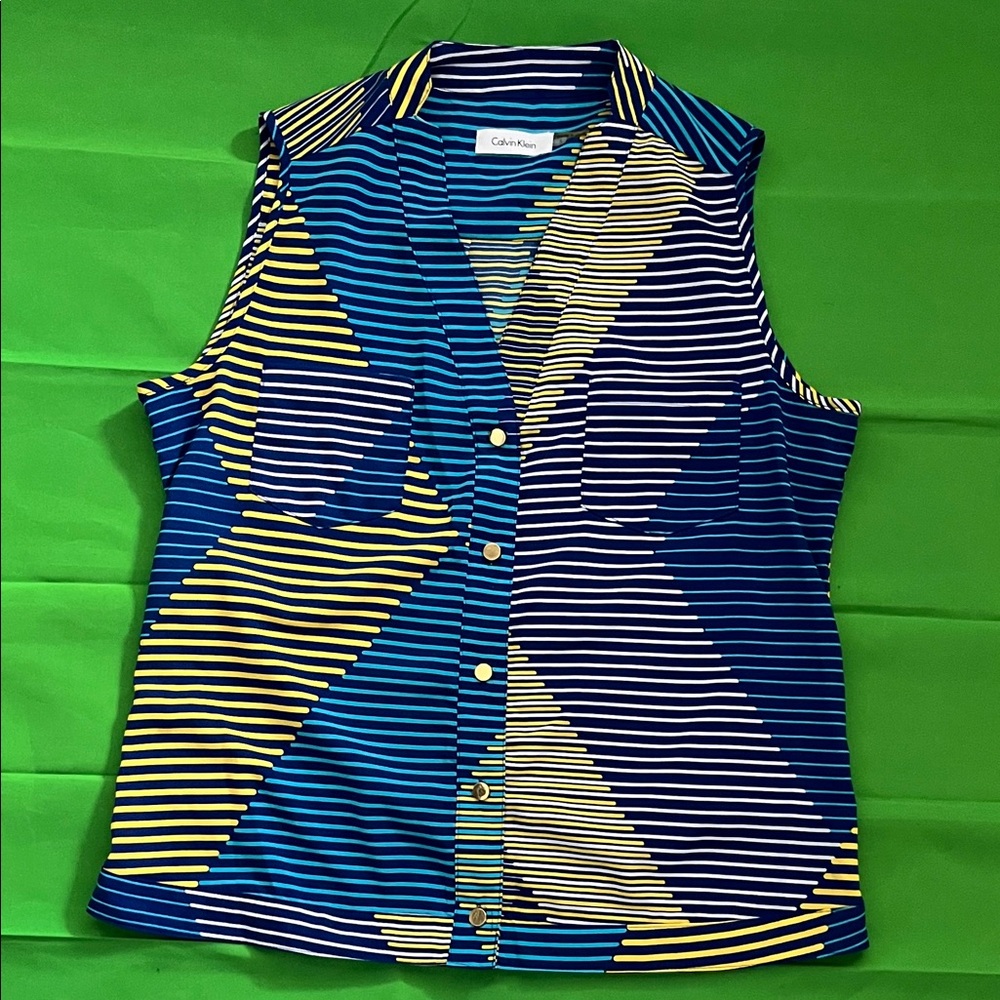 Calvin Klein Blue and Yellow Striped Sleeveless Top